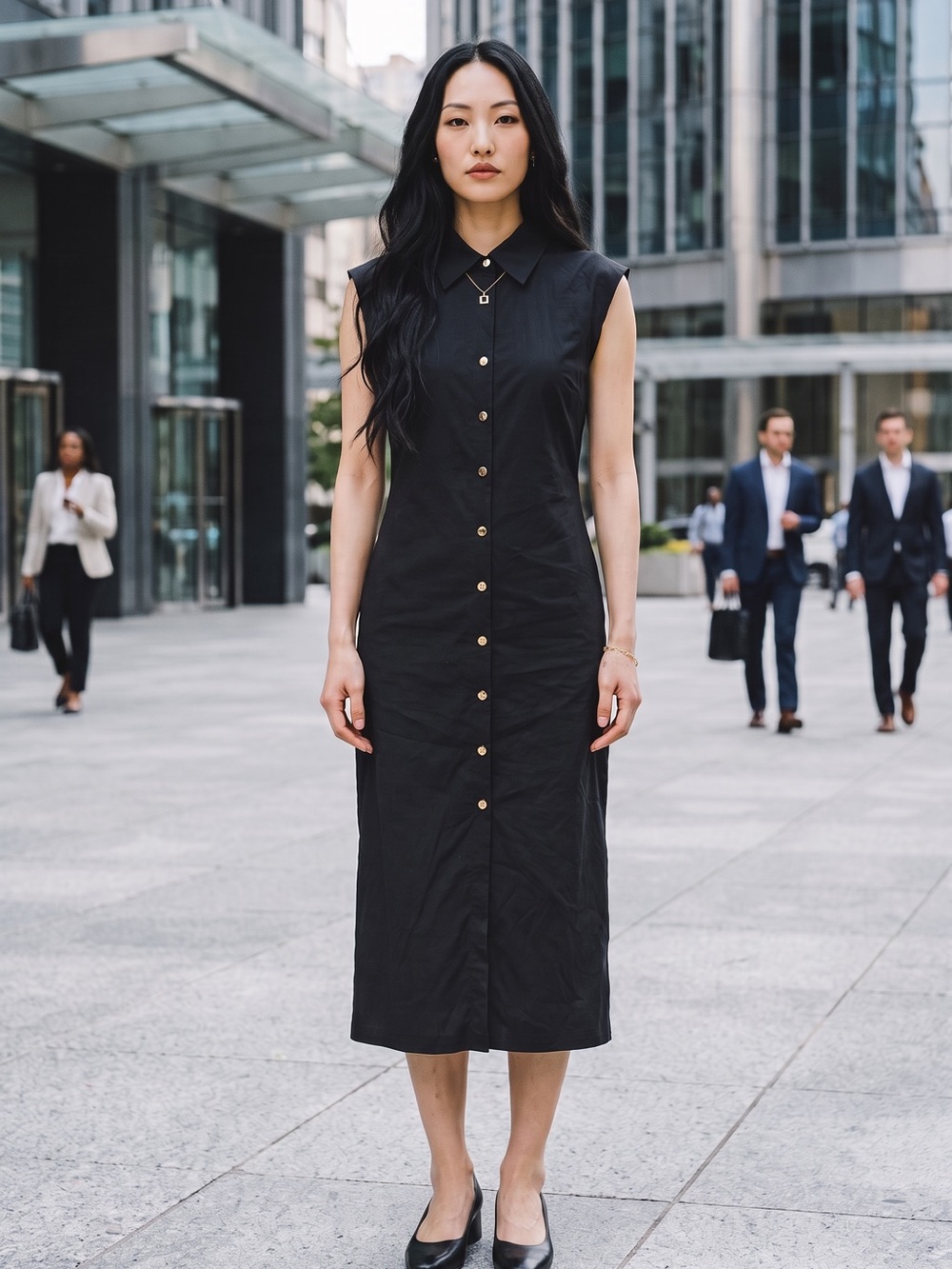 Zara Black Sleeveless Button-Front Collared Midi Dress